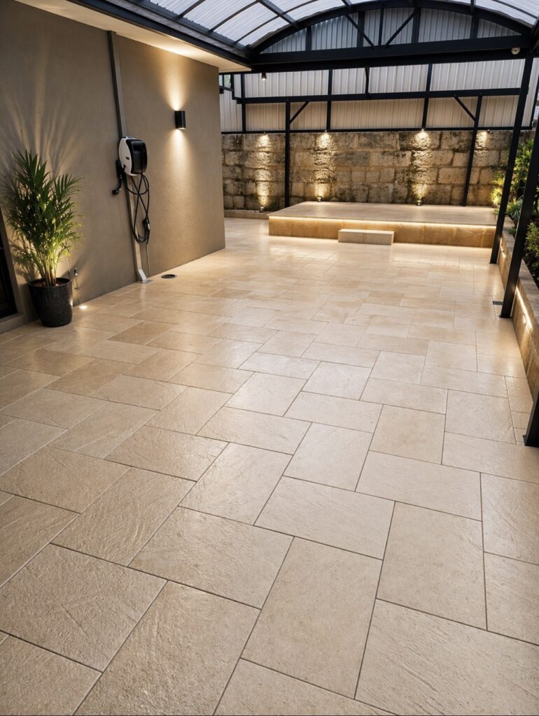 Outdoor entertaining area with limestone paving including raised limestone section and stair in Wanneroo Perth.