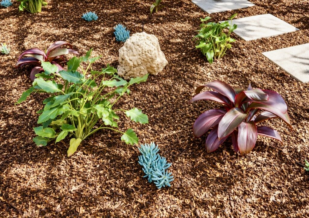 Low maintenance garden installation including mulch, limestone stepping stones, feature planting and feature rocks in Mt Helena 