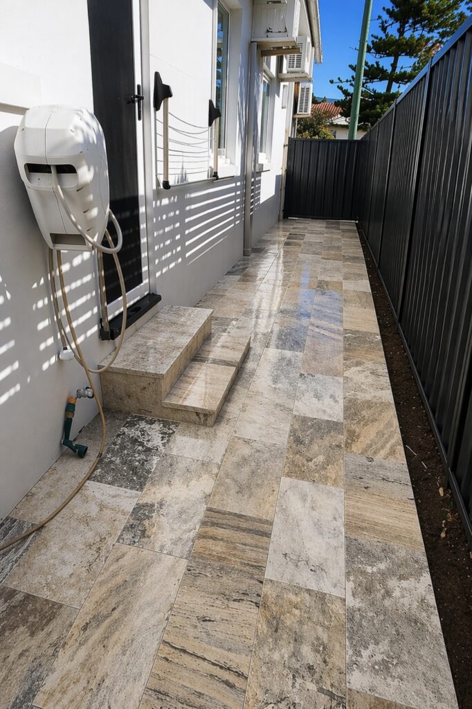 Wetlay travertine paving installation including stairs to a side access walkway