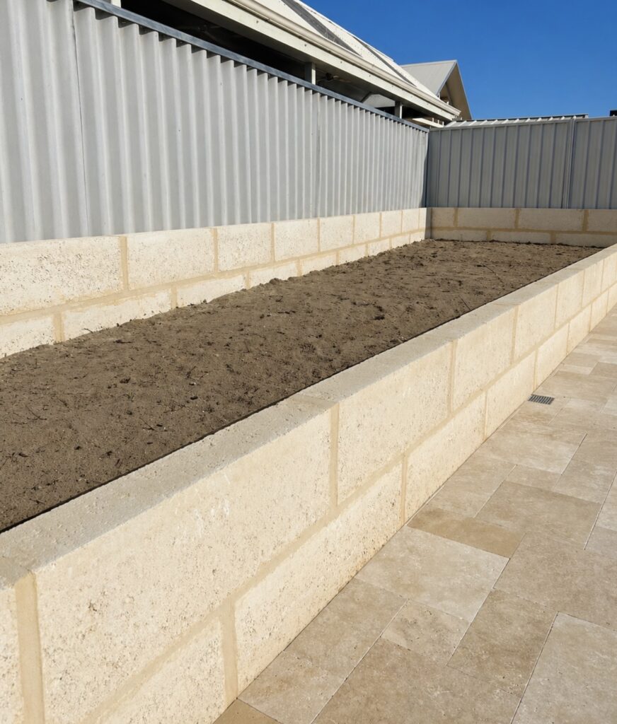 Residential limestone retaining wall and garden bed installation in Woodvale.
