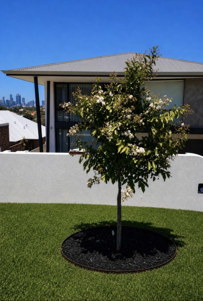 White Myrtle feature tree planted in a newly established lawn by North Star Landscapes in Joondanna Perth. 