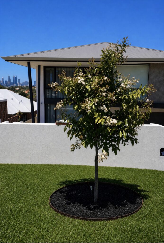 White Myrtle feature tree planted in a newly established lawn by North Star Landscapes in Joondanna Perth. 