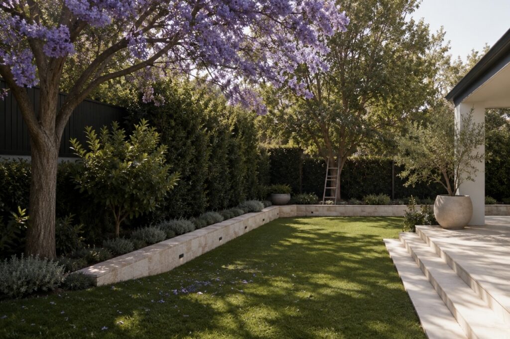 Landscaped residential backyard featuring lawn, garden beds, limestone wall, paving and mature trees including jacaranda tree