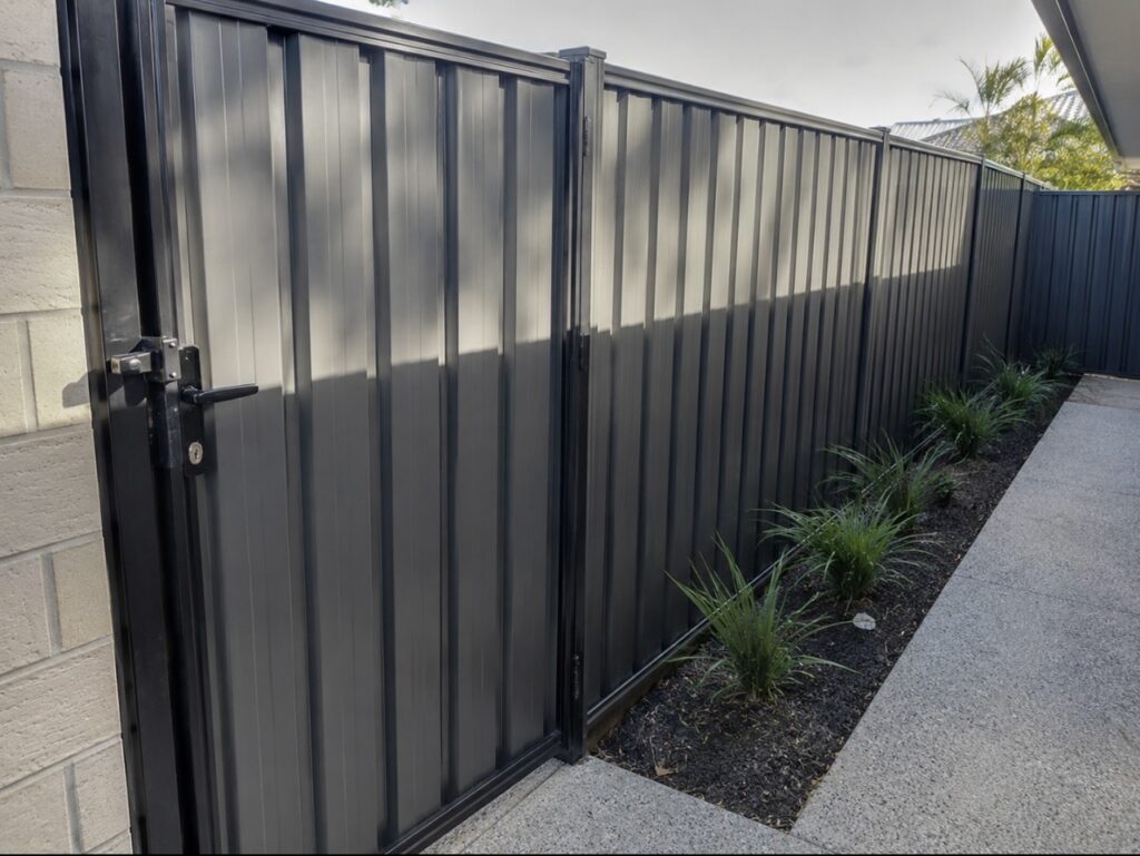 Colorbond fencing and gate in a residential garden setting. 