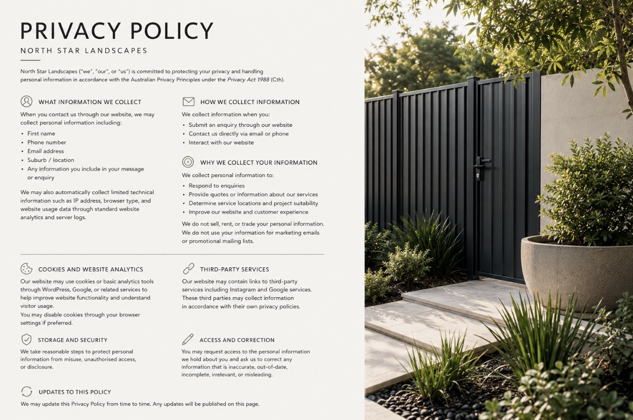 Modern residential garden featuring colorbond fencing, gate and planting. 
