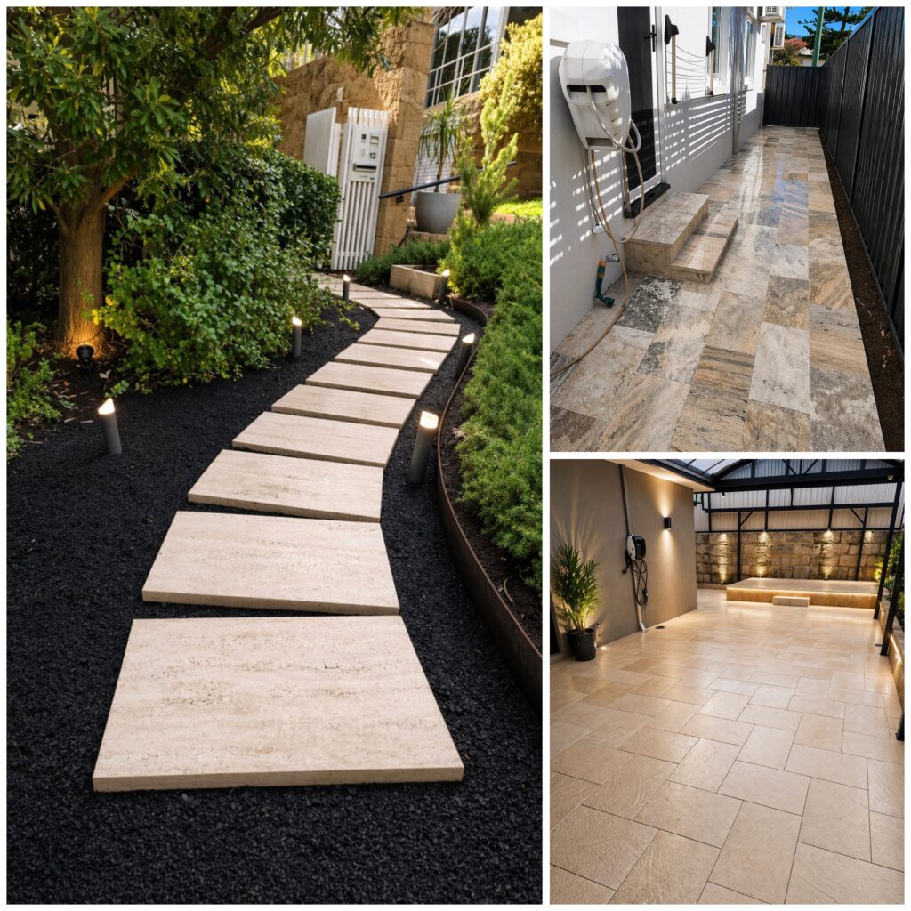 Porcelain stepping stone pathway through a landscapes garden with feature lighting and steel edging. Cottesloe Perth.

Travertine wet lay paving and step installation in Mosman Park Perth.

Outdoor entertaining area with limestone paving. Wanneroo Perth.